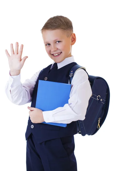 Caucasian school boy on white background with copy space — Stock Photo, Image