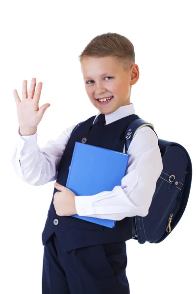 Caucasian school boy on white background with copy space — Stock Photo, Image