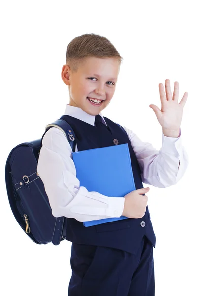 Кавказький школи хлопчик на білому тлі з копією простір — стокове фото