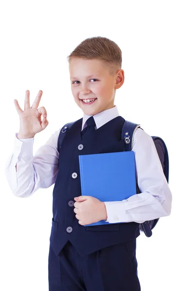 Kaukasiska skola pojke på vit bakgrund med kopia utrymme — Stockfoto