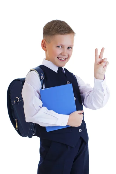 Кавказький школи хлопчик на білому тлі з копією простір — стокове фото