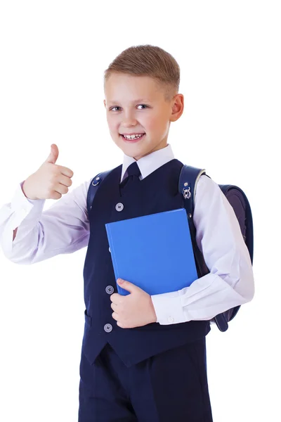 Caucasian school boy on white background with copy space — Stock Photo, Image