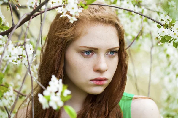 Beautiful young girl standing near blooming trees in spring gard — Stock Photo, Image