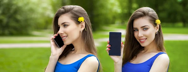 Collage, zwei Frauen bedecken ihr Gesicht Smartphone — Stockfoto