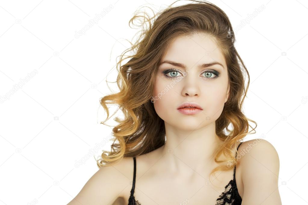 Beauty portrait of young blonde woman, isolated on white backgro