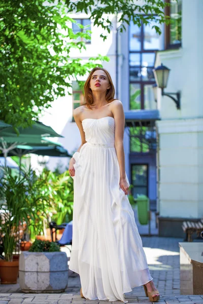 Portrait of beautiful model woman in wearing white dress — Stock Photo, Image