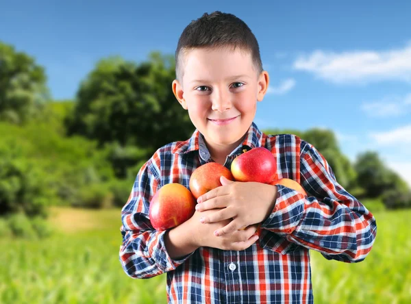 Kleiner Junge mit Äpfeln — Stockfoto