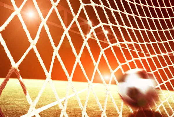 Soccer field with net and ball — Stock Photo, Image