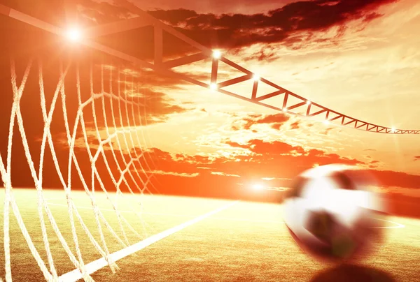 Soccer field with net and ball — Stock Photo, Image