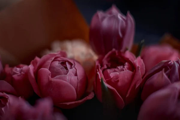 Ramo Hermosas Flores Con Rosas Peonía Púrpura Claveles Tulipanes Papel — Foto de Stock