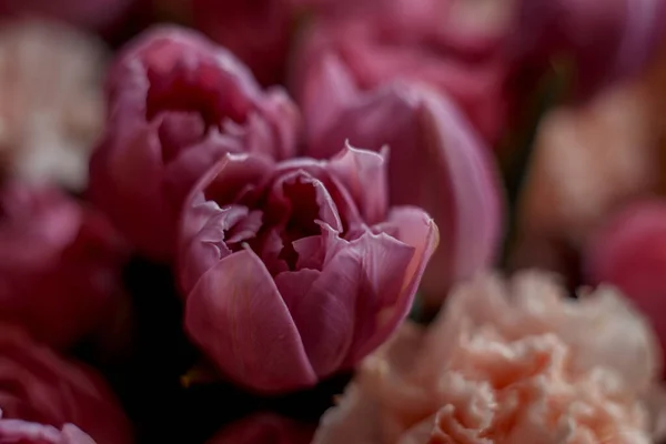 Bouquet Bellissimi Fiori Con Rose Peonia Viola Garofani Tulipani Nella Foto Stock