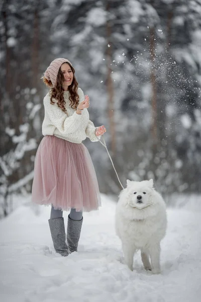 Mulher Bonita Com Cão Samoyed Floresta Inverno — Fotografia de Stock