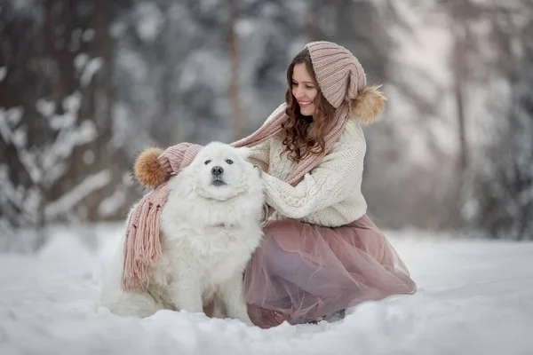 Mulher Bonita Com Cão Samoyed Floresta Inverno — Fotografia de Stock