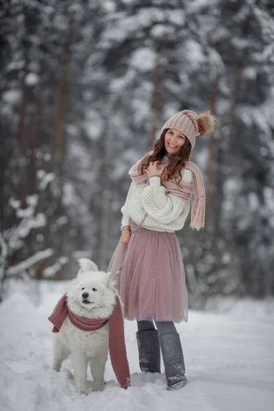 Hermosa Mujer Con Perro Samoyed Bosque Invierno — Foto de Stock