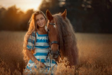 Beautiful long-haired young woman with red tinker horse in oats field at sunset