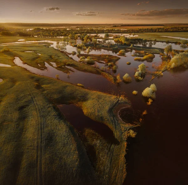 Church Intercession Nerl Spring Evening Bird View Aerial Photos — Stock Photo, Image