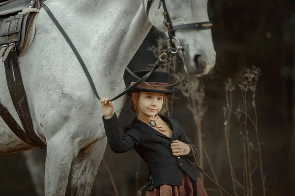 Little Girl Riding Habit Horse Vizsla Spring Forest — Stock Photo, Image