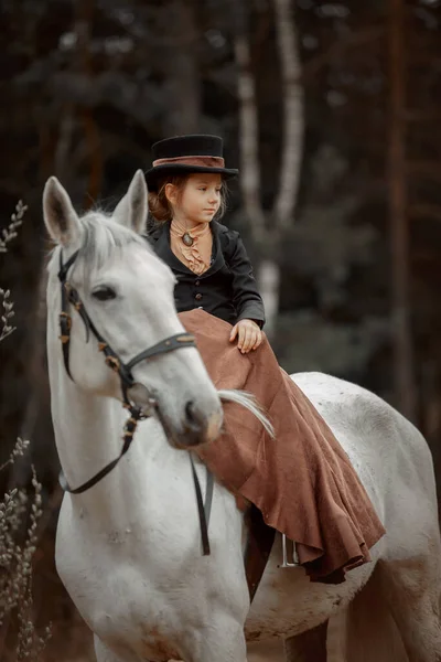 Little Girl Riding Habit Horse Vizsla Spring Forest — Stock Photo, Image