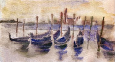 Venedik gondol içinde The Grand Canal gün batımında