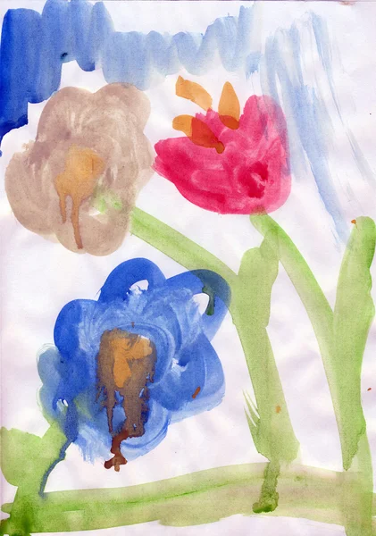 Flowers in child painting — Stock Photo, Image