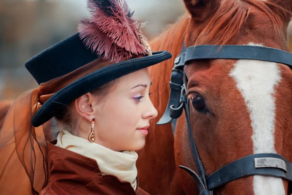 Portrait of LadyXIX Century  with red horse. — Stock Photo, Image