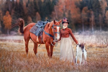 Lady in riding habbit  at horse hunting clipart