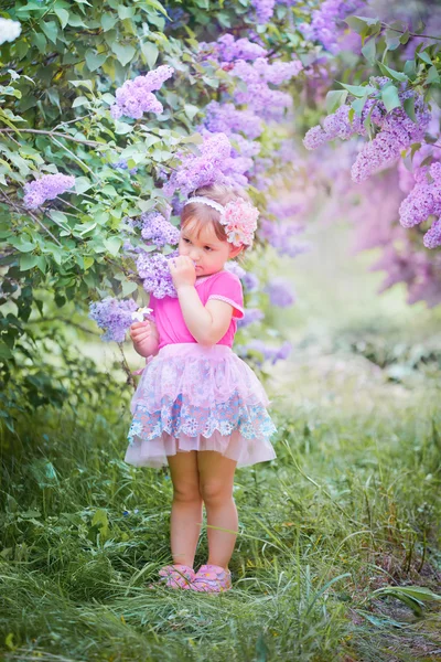 Ritratto di bambina in un giardino lilla — Foto Stock