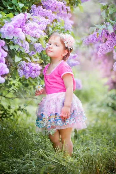 Ritratto di bambina in un giardino lilla — Foto Stock