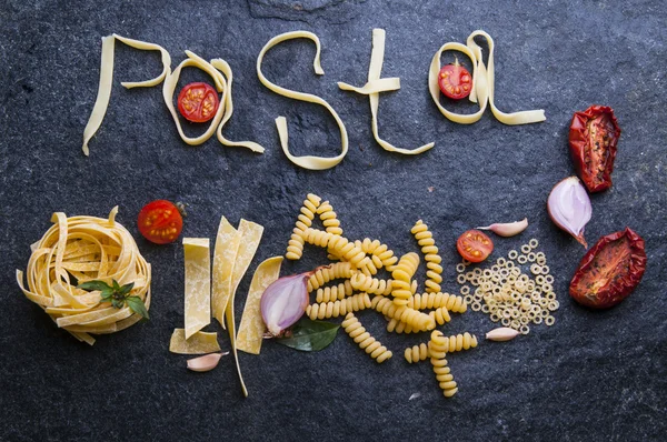 Italian dry pasta inscription — Stock Photo, Image