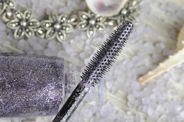 Glitter mascara   with shells and jewelery — Stock Photo, Image