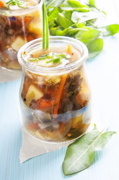 Sorrel soup in small bottles — Stock Photo, Image