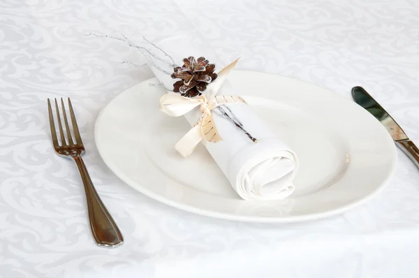 Place setting decorated with pine cone — Stock Photo, Image