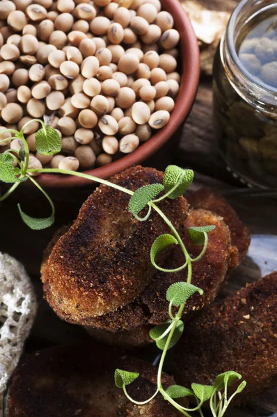 Soybeans, soy cutlets and salvia — Stock Photo, Image