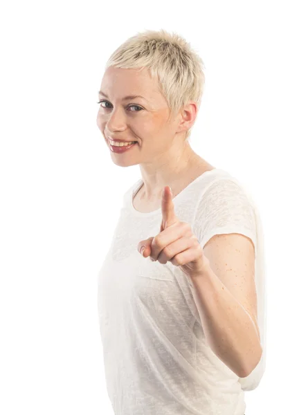 Woman pointing you and smiling — Stock Photo, Image