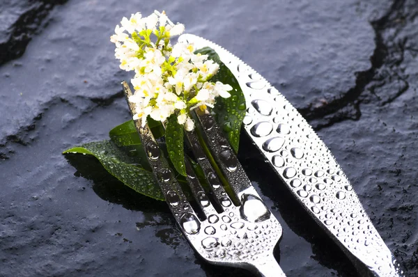 Tenedor y cuchillo con pequeñas flores blancas — Foto de Stock