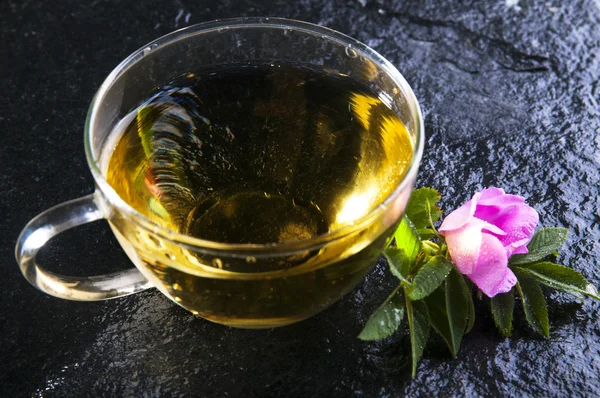 Herbal tea in cup and rose flower — Stock Photo, Image