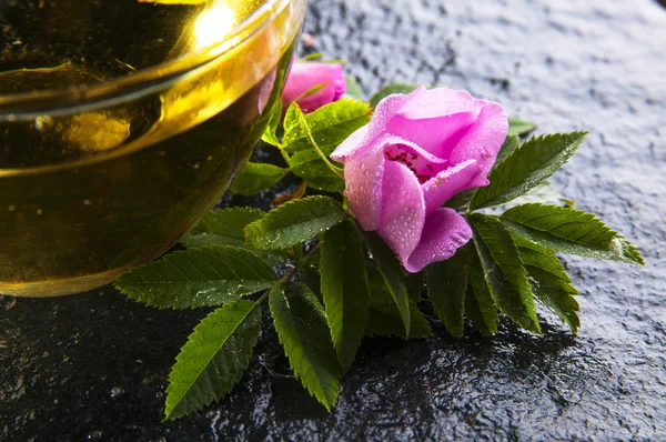 Травяной чай в чашке и розовый цветок — стоковое фото