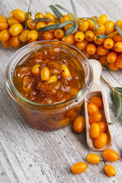 Sea buckthorn jam and fresh berries — Stock Photo, Image