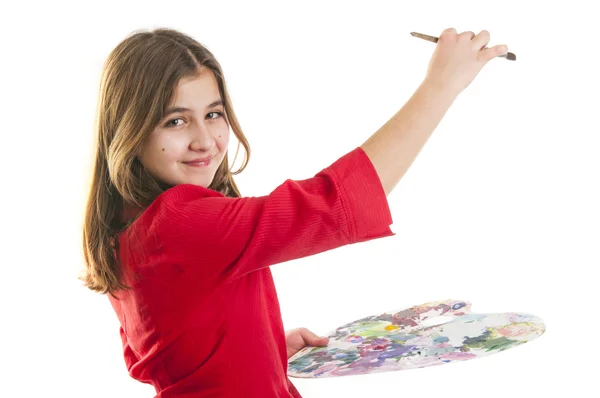 Palet boya ve fırça ile genç kız — Stok fotoğraf
