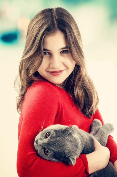 Girl with Scottish Fold cat — Stock Photo, Image