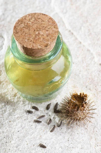 Garrafa com óleo de bardana e flor seca — Fotografia de Stock