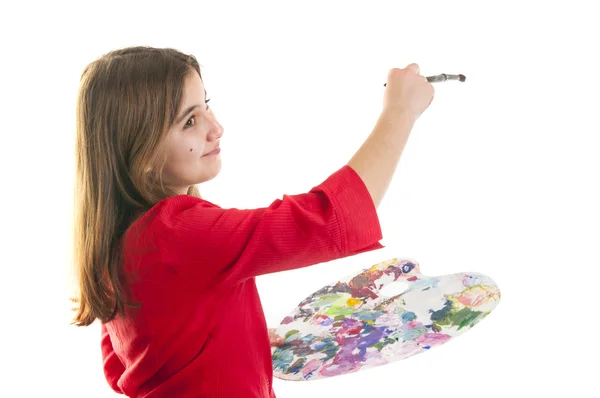 Adolescent fille avec peinture palette et pinceau — Photo