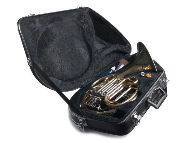 French horn  in black case — Stock Photo, Image