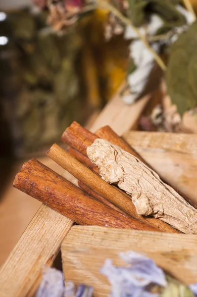 Cinnamon sticks and ginger in wooden box — Stock Photo, Image