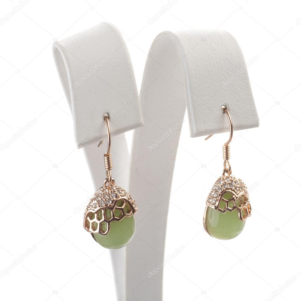 golden earrings with green hrysoprase  gemstones