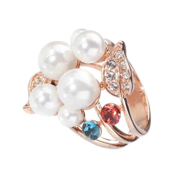 Golden ring with pearls and gemstones — Stock Photo, Image