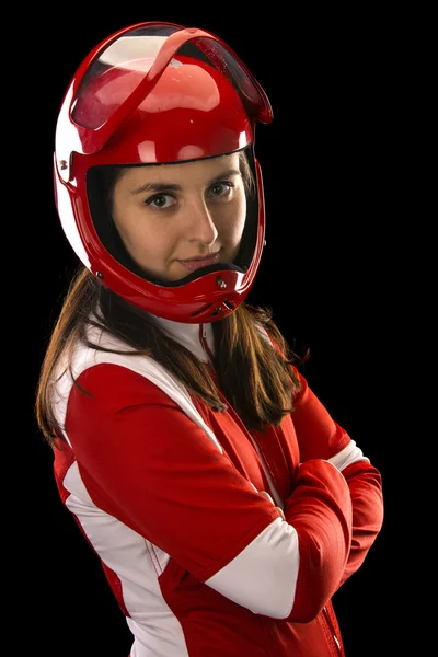 Girl in freefly suit and red helmet — Stock Photo, Image