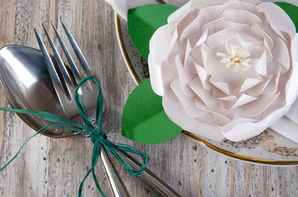 Dining table setting with camellia flower — Stock Photo, Image