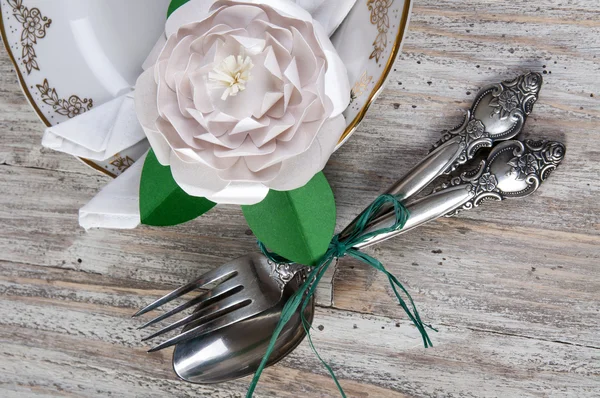 Dining table setting with camellia flower — Stock Photo, Image