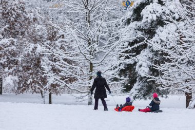 Vilnius, Litvanya, 28 Ocak 2021. İki çocuklu anne karlı parkta yürüyor. 